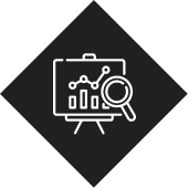 Icon of data analysis with chart and magnifying glass on board.