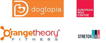 Logos of Dogtopia and Planet Fitness on a dark background.