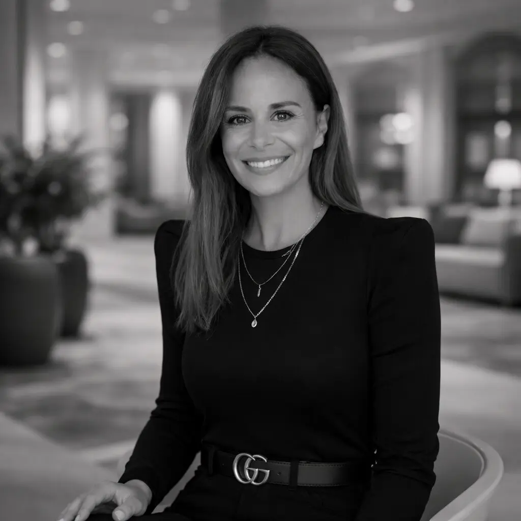Smiling woman in black attire indoors.
