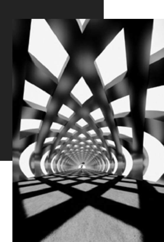 Abstract black and white tunnel with geometric patterns.