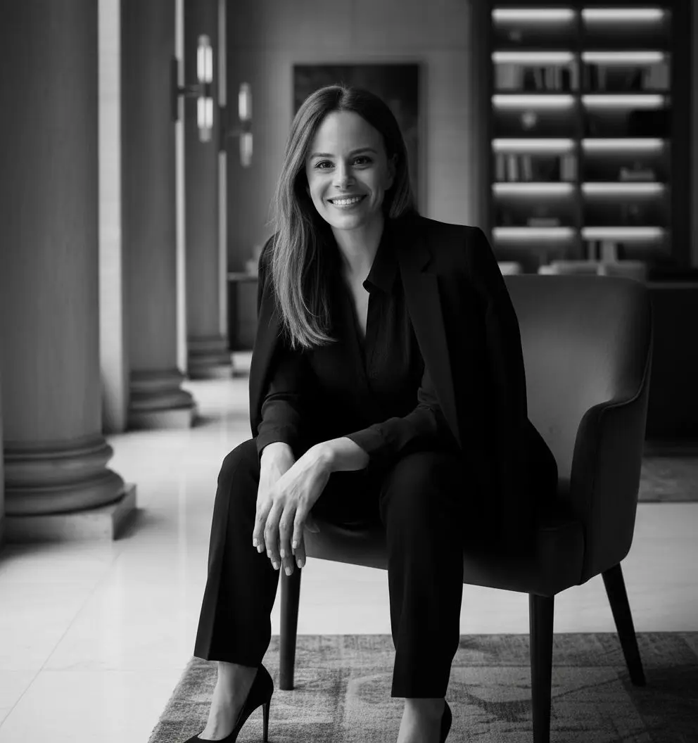 Smiling woman sitting in elegant office chair.